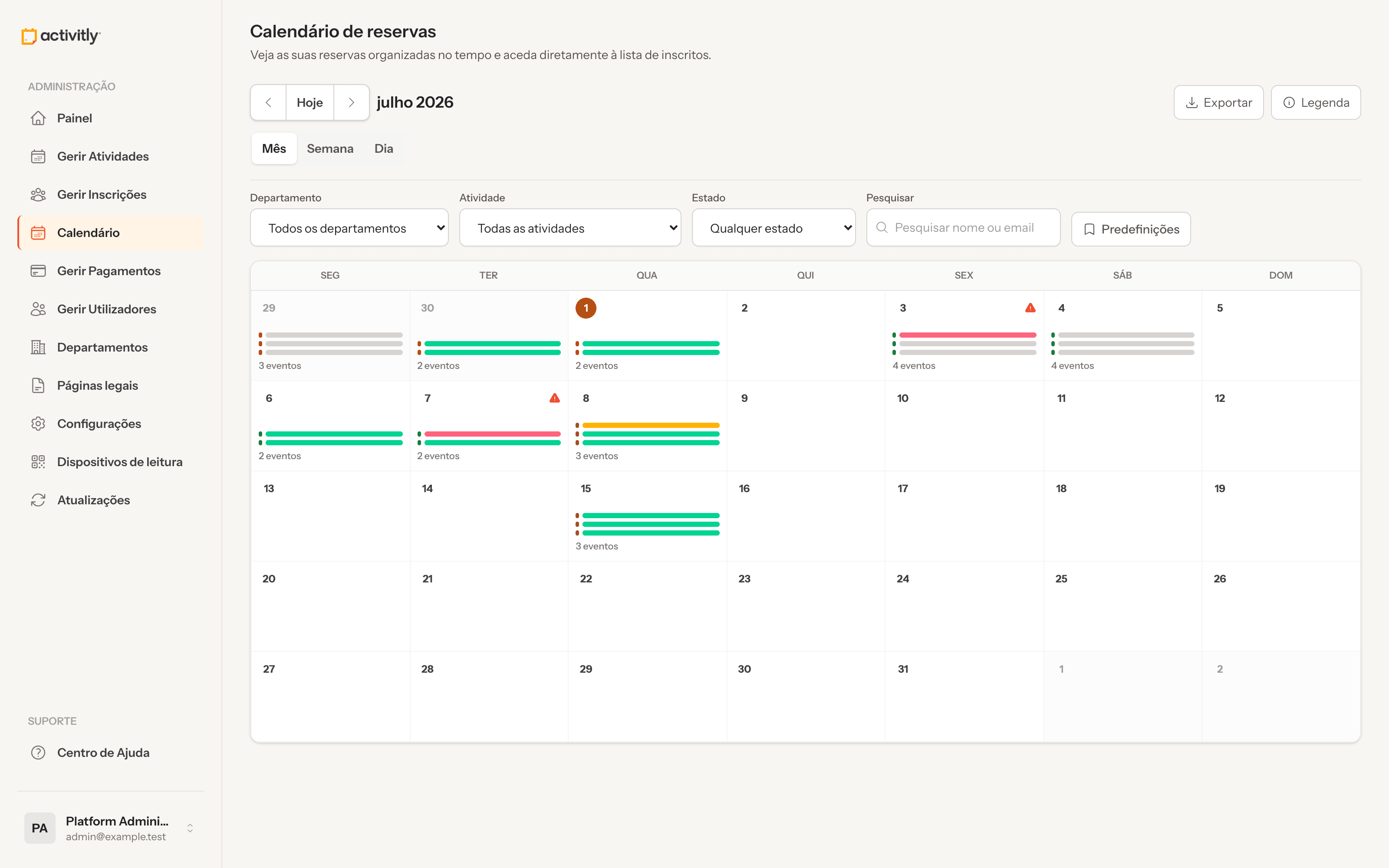 Calendário do Activitly com atividades distribuídas por dia e horário