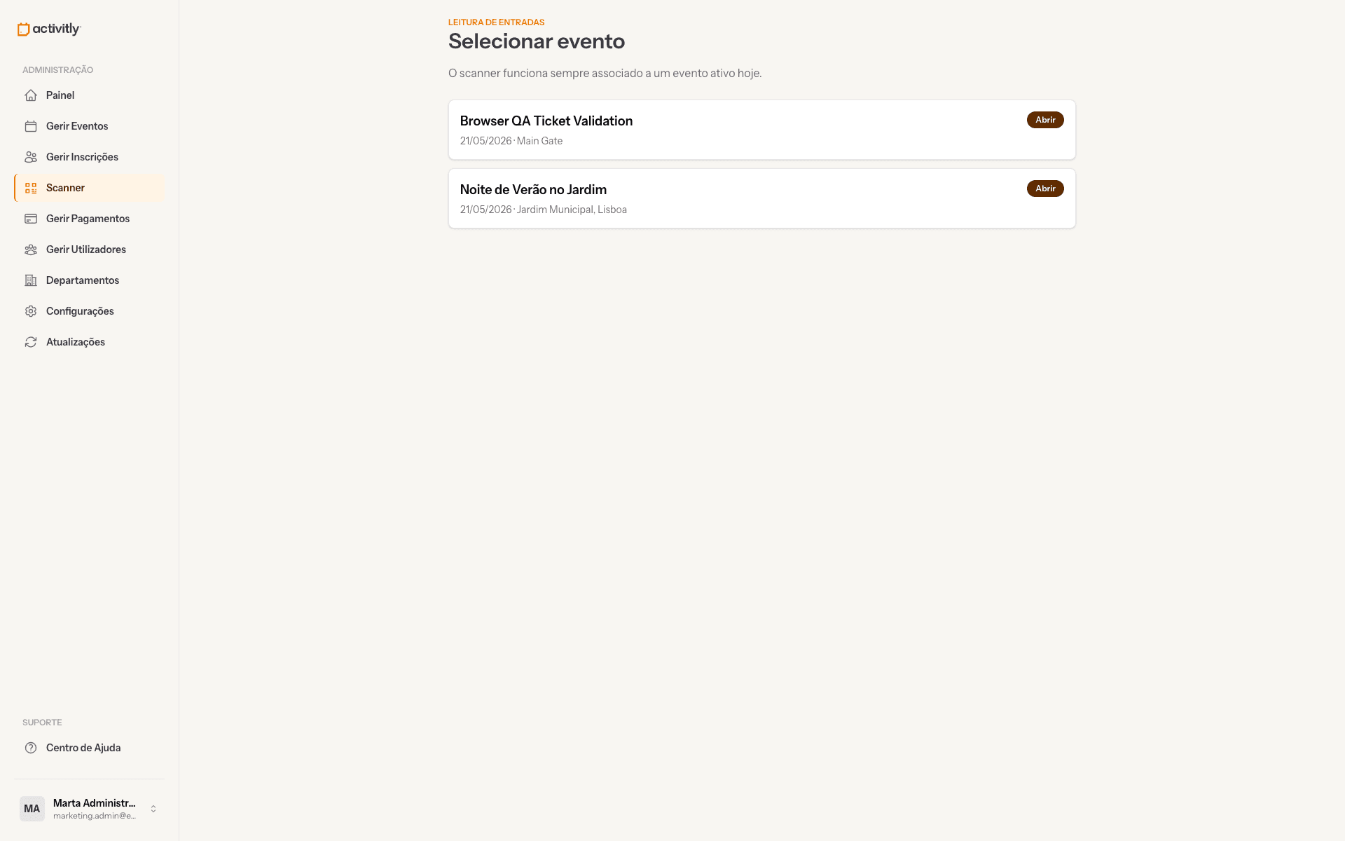 Scanner web Activitly para validação de bilhetes QR no check-in.