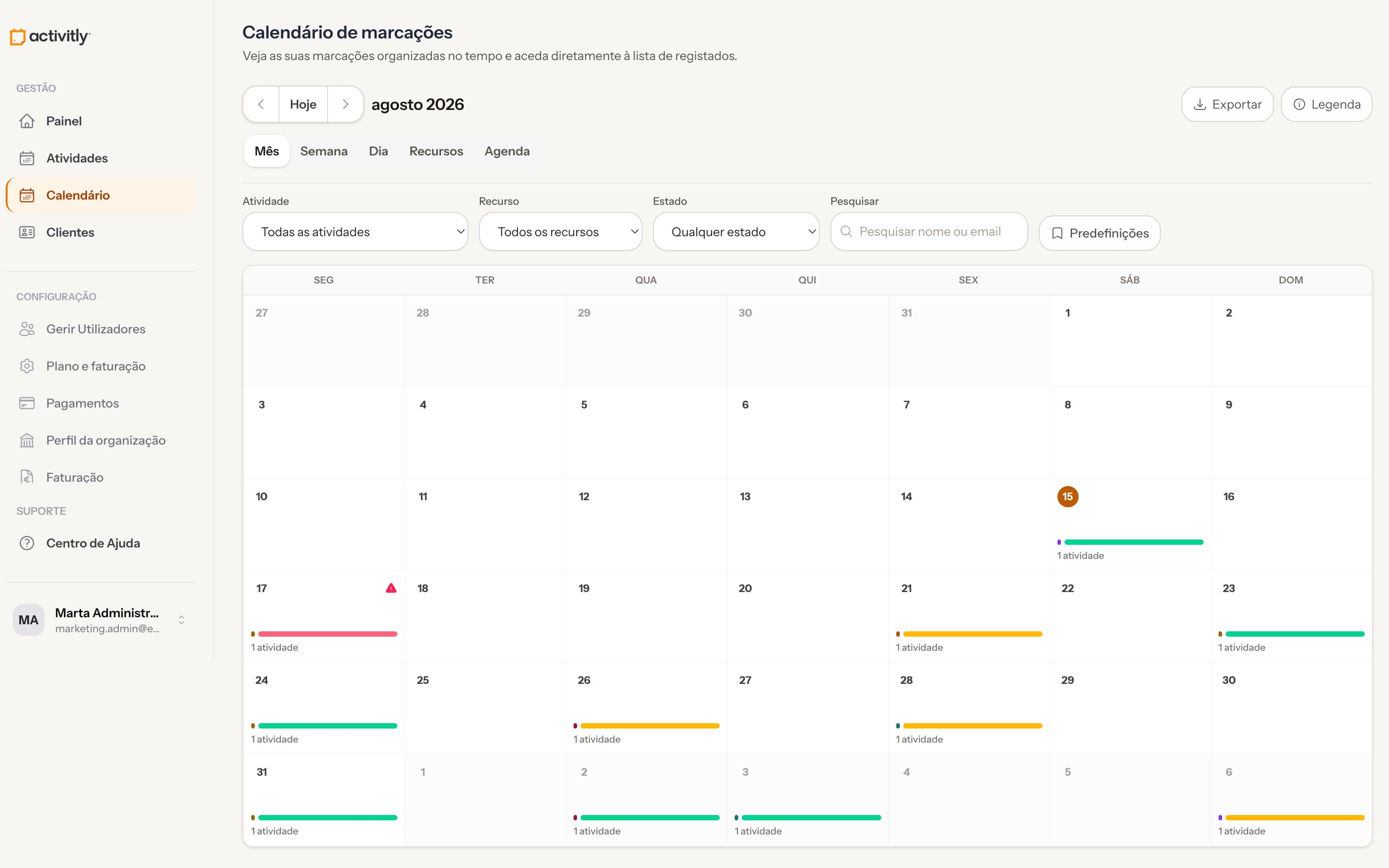 Calendário de marcações do Activitly com as atividades do mês