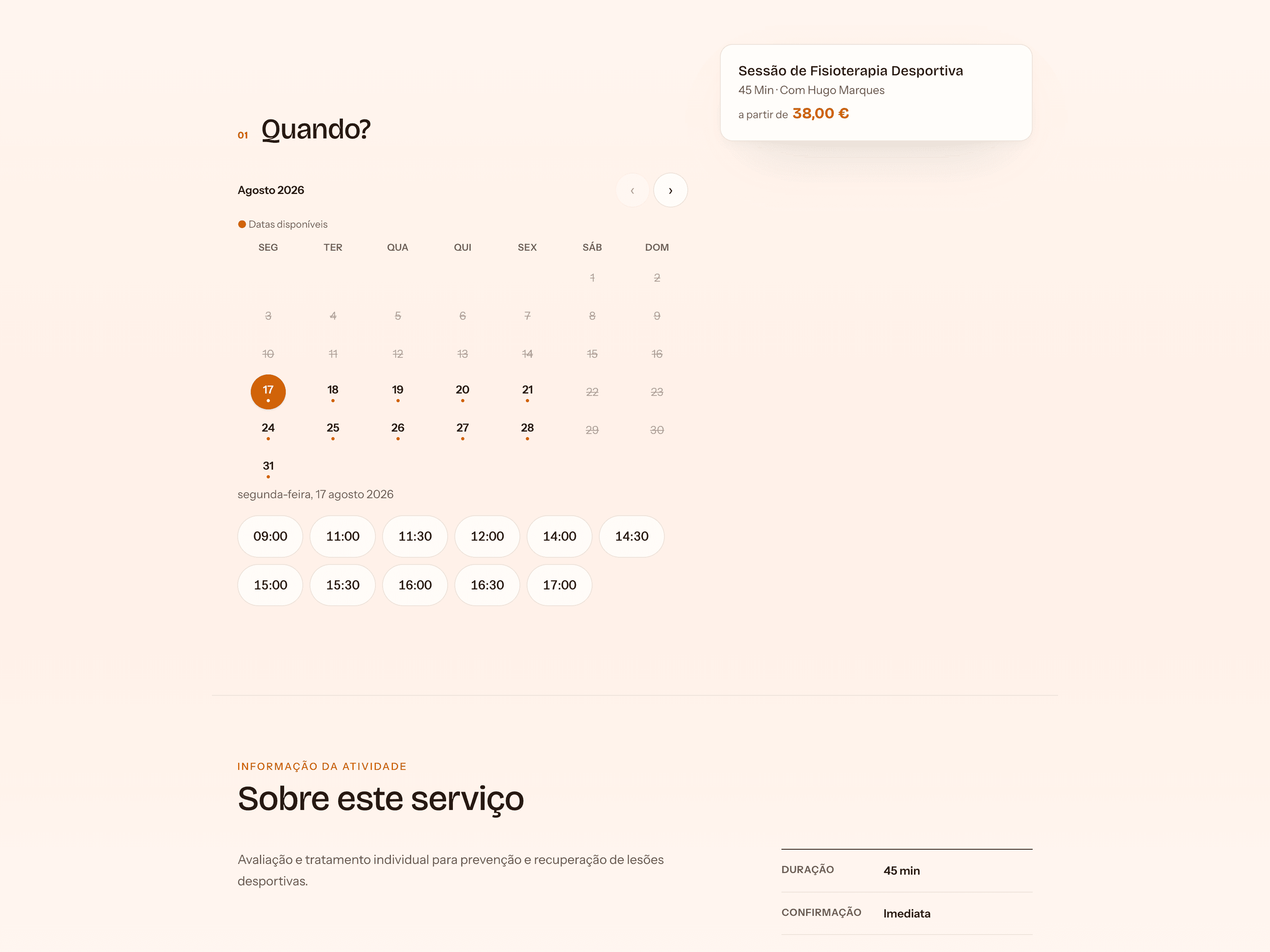 Escolha de data e hora numa página de reserva do Activitly